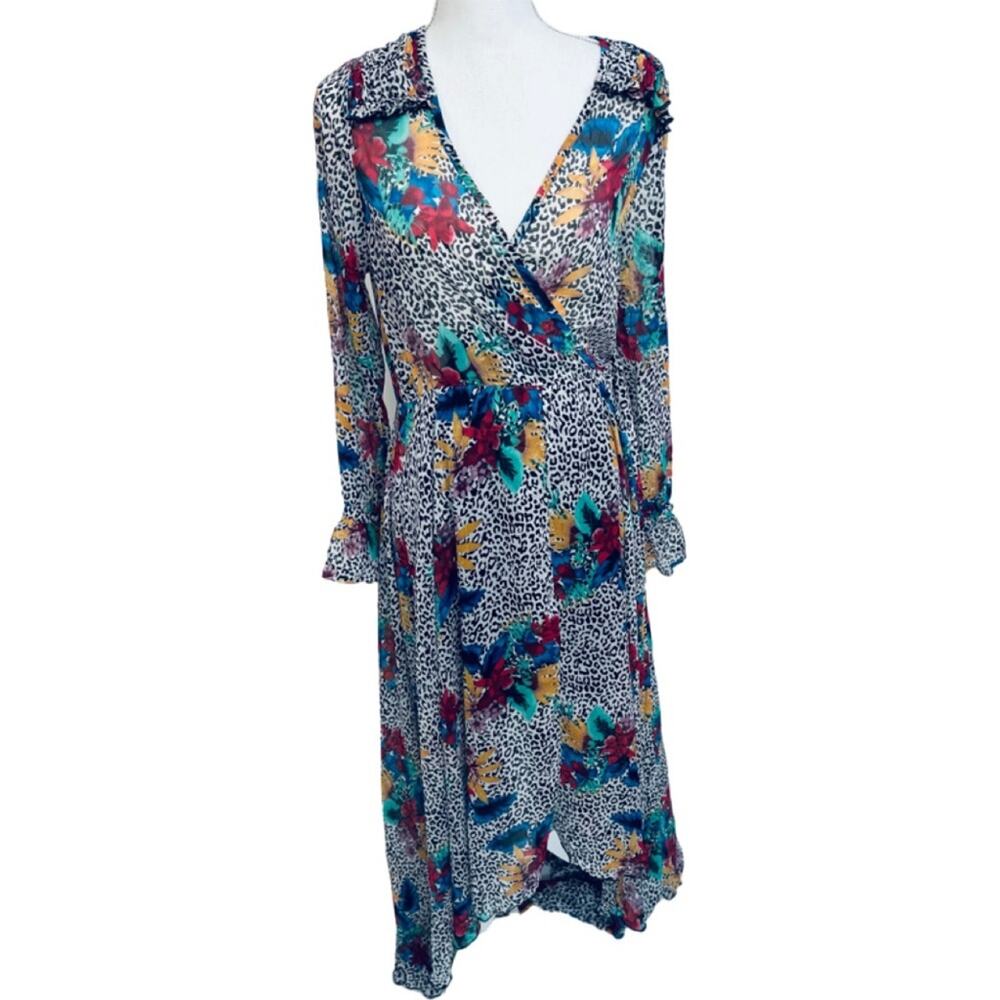 0144 NWT Spy Zone Exchange Tropical Floral Animal Print Hi-Low V-Neck Dress